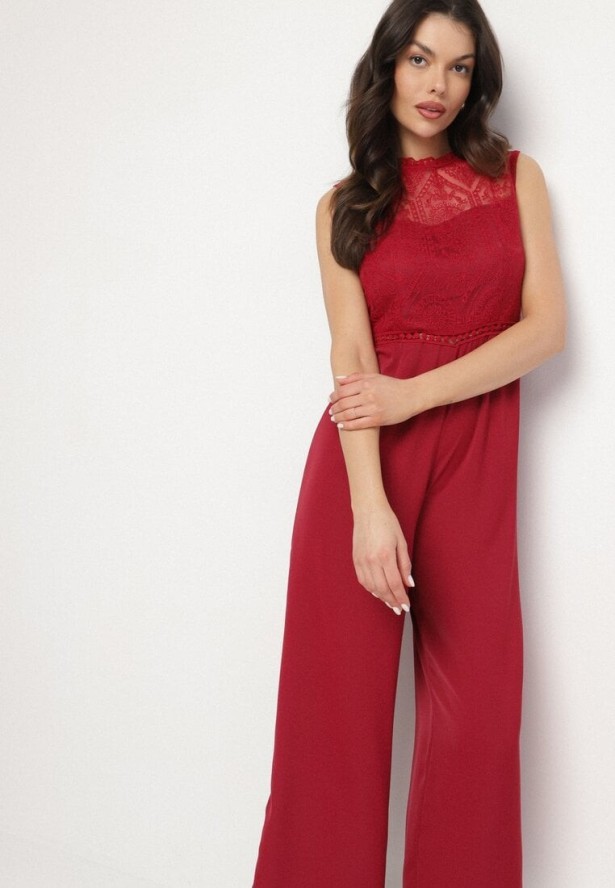 Bordowy Kombinezon Bez Rękawów z Szeroką Nogawką i Siateczkowymi Zdobieniami Nalavie