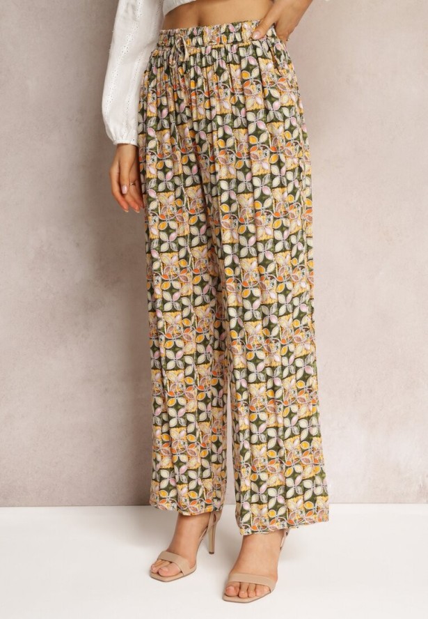 Zielono-Beżowe Wiskozowe Spodnie High Waist Szerokie z Gumką w Pasie i Kieszeniami Aizha