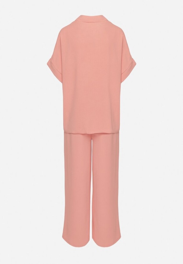 Różowy Komplet Koszula z Krótkim Rękawem i Szerokie Spodnie Maralissa