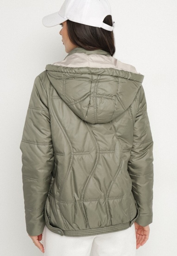 Zielona Kurtka Pikowana z Odpinanym Kapturem i Kieszeniami Ziolene
