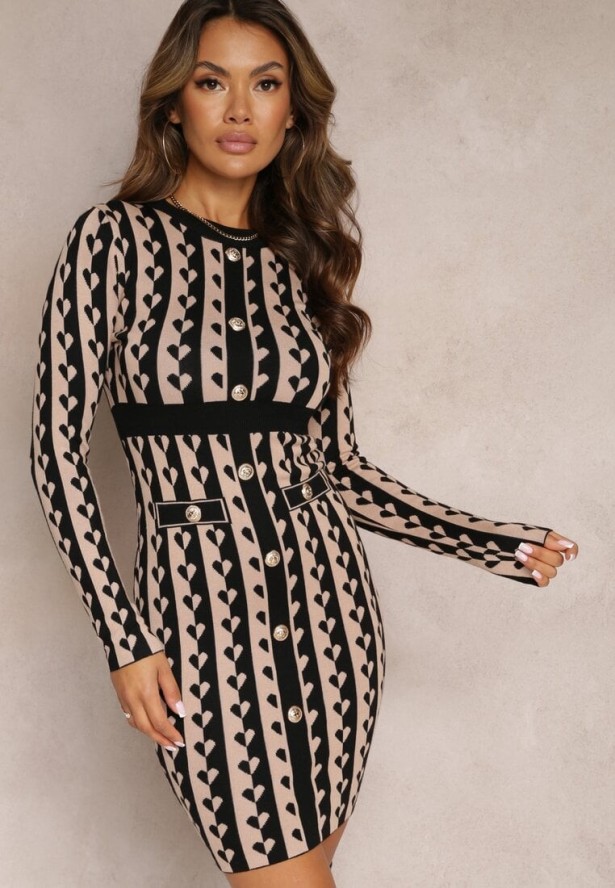 Ciemnobeżowa Dopasowana Sukienka Dzianinowa w Geometryczny Wzór Grimau