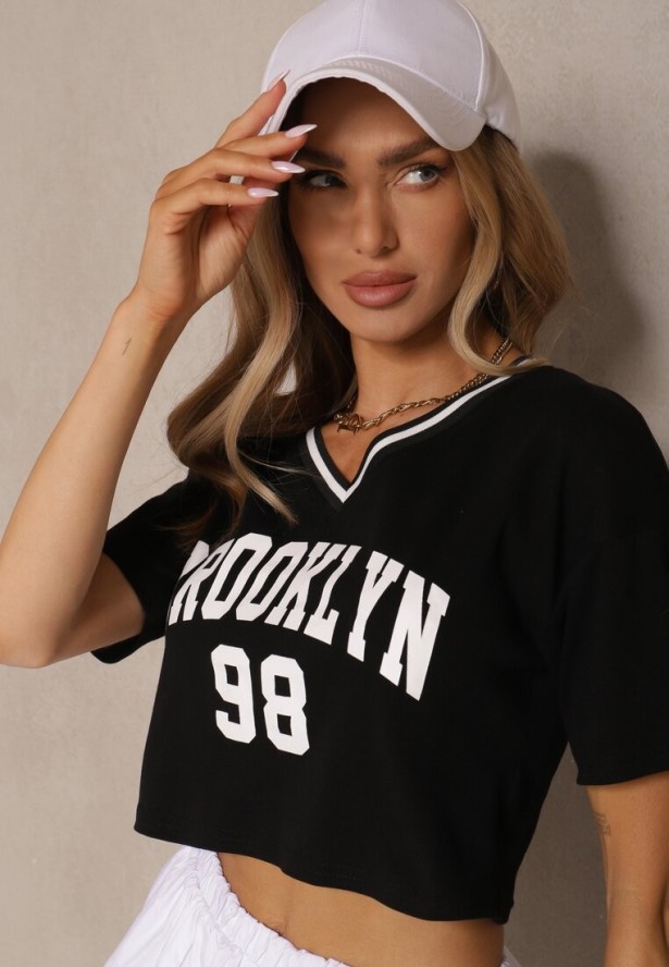 Czarny T-shirt z Bawełny Ozdobiony Napisem Lireline