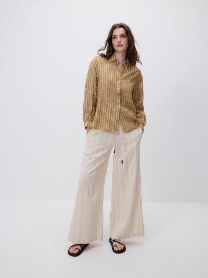 Luźne spodnie z domieszką lnu - kremowy