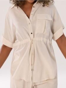 Wiskozowa koszula z krótkim rękawem z domieszką lnu - kremowy
