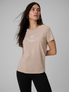 4F T-shirt regular z nadrukiem damski - beżowy L