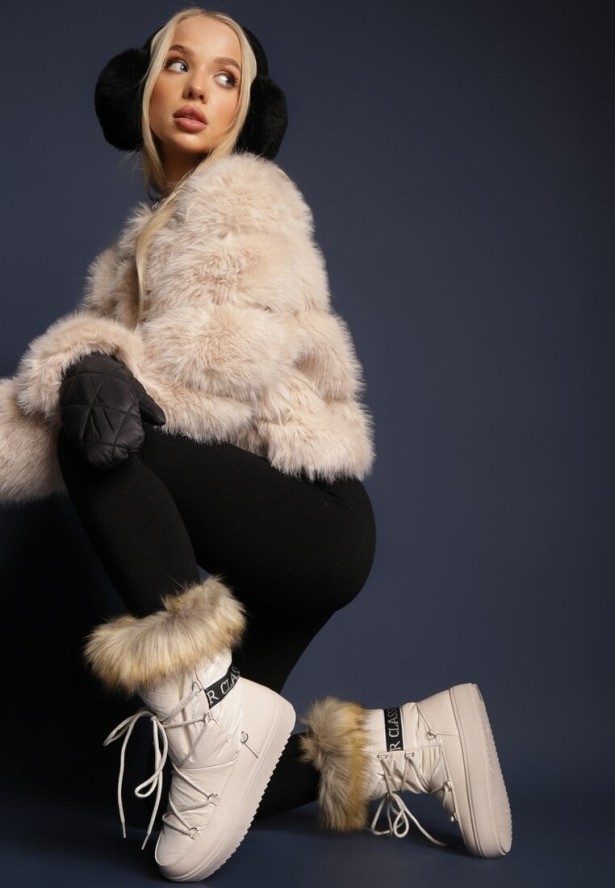 Beżowe Sznurowane Śniegowce Zdobione Futrem Volumnia