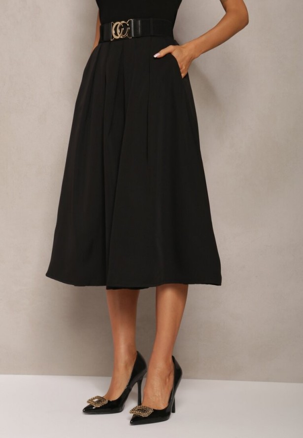 Czarna Spódnica Rozkloszowana z Paskiem Tenga