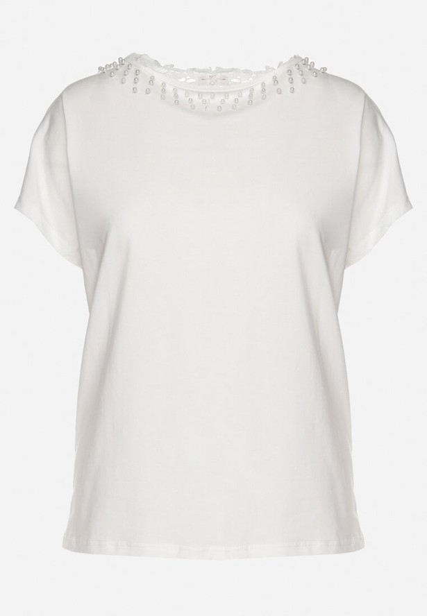 Biały Bawełniany T-shirt Nietoperz z Perłami i Koronką Eleziria