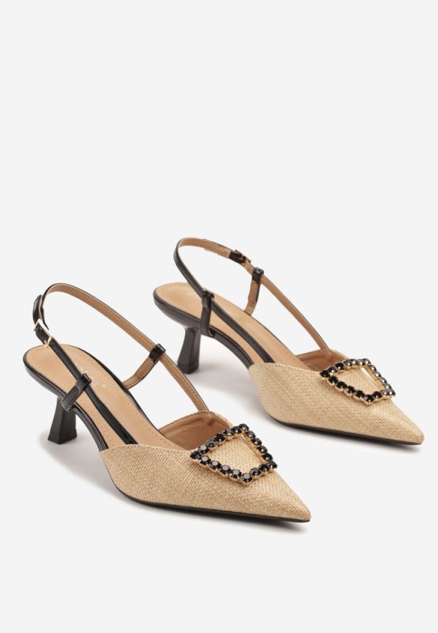 Czarne Tweedowe Sandały na Obcasie Kaczuszka z Noskiem w Szpic i Cyrkoniami Naliene