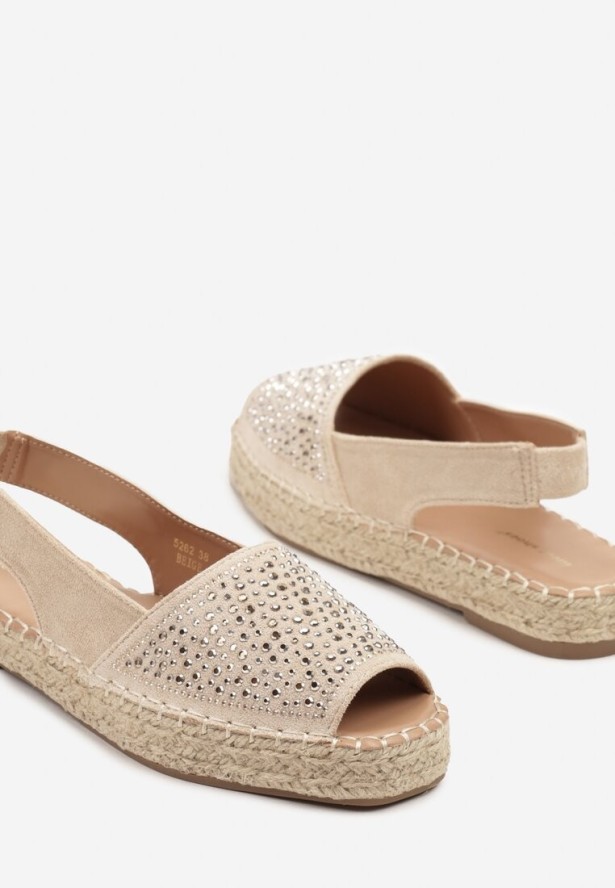 Beżowe Sandały w Stylu Espadryli z Cyrkoniami na Podeszwie z Plecionki Neorwena
