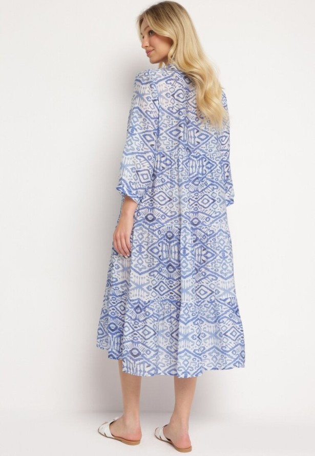 Niebieska Rozkloszowana Sukienka w Stylu Boho Wiązana przy Dekolcie z Falbankami Dimasia