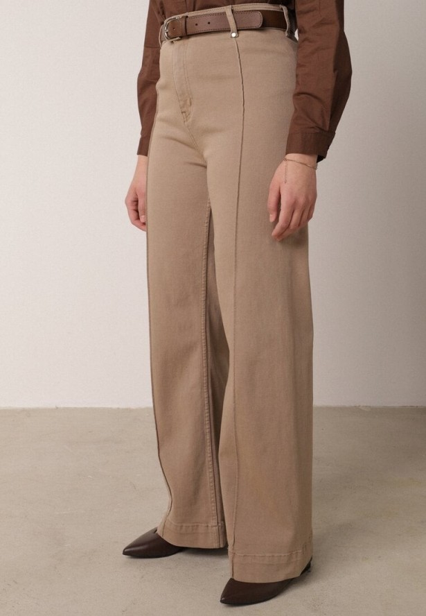 Beżowe Szerokie Jeansy z Bawełny z Wysokim Stanem i Pionowymi Przeszyciami Keperise