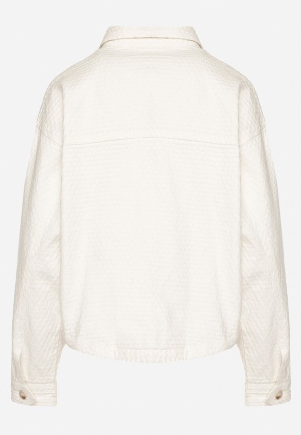 Biała Kurtka Koszulowa z Tłoczonego Materiału z Bawełny z Kieszeniami Janlira