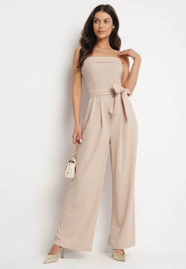 Beżowy Kombinezon Ozdobiony Paskiem z Szerokimi Nogawkami Deolise