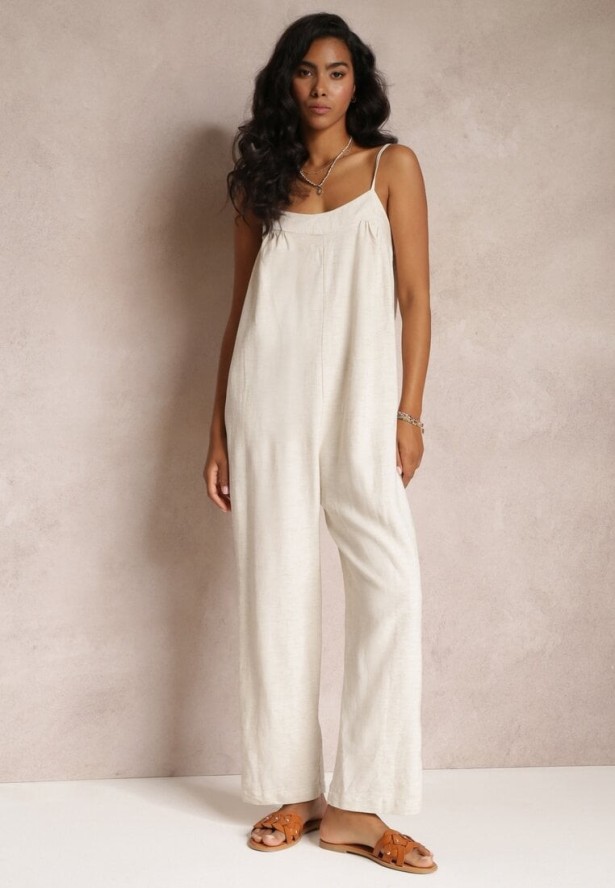 Beżowy Kombinezon na Regulowanych Ramiączkach z Długimi Nogawkami z Bawełny Myrcela