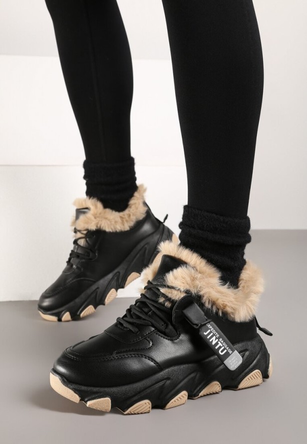 Czarne Ocieplane Sznurowane Sneakersy na Grubej Podeszwie z Ozdobnym Futerkiem Visha