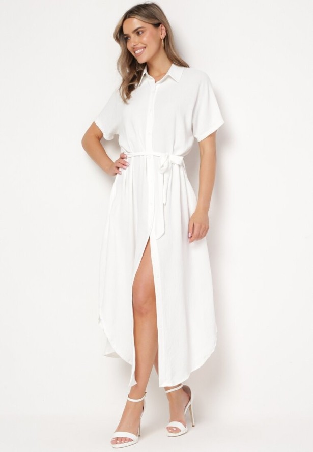 Biała Sukienka Wiskozowa o Luźnym Koszulowym Kroju Wiązana w Talii Rionella