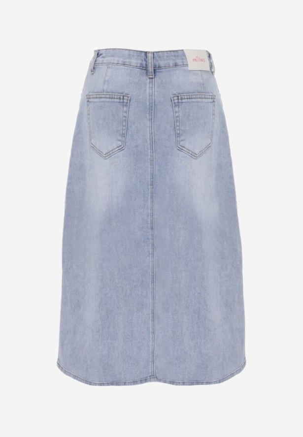 Niebieska Spódnica Jeansowa z Bawełną High Waist i Rozcięciem na Nogę Cinadessa