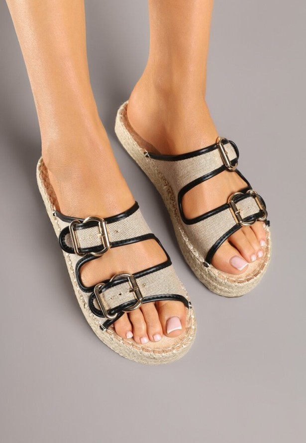 Beżowo-Czarne Klapki na Podeszwie z Plecionki z Tweedowymi Paskami z Klamrami Zilaya