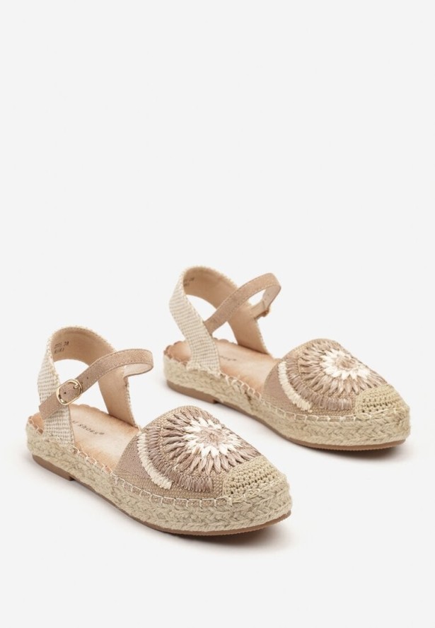 Ciemnobeżowe Sandały Espadryle z Odkrytą Piętą Zdobione Plecionką Morianis