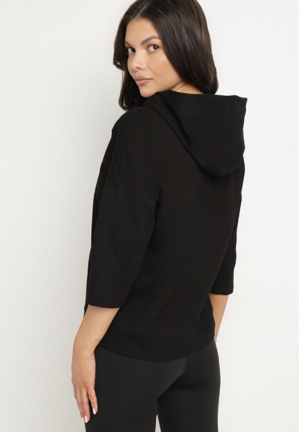 Czarna Bluza z Kapturem i Rękawami 3/4 Zdobiona Nadrukiem Saniriora