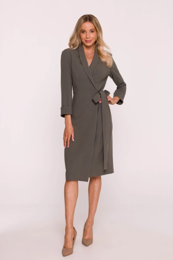 Elegancka sukienka ołówkowa kopertowa z wiązaniem khaki