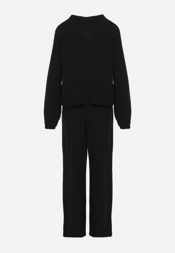 Czarny Bawełniany Komplet Bluzka z Wiązaniem i Spodnie Palionis