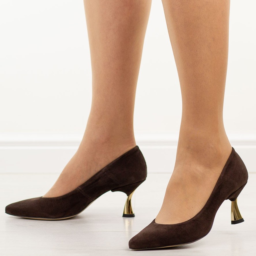 Brązowe zamszowe skórzane Polskie szpilki damskie Prestige 2111