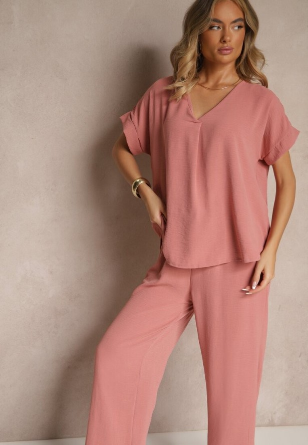 Ciemnoróżowy Komplet Bluzka i Luźne Spodnie z Wiskozą i Kieszonkami Efraria