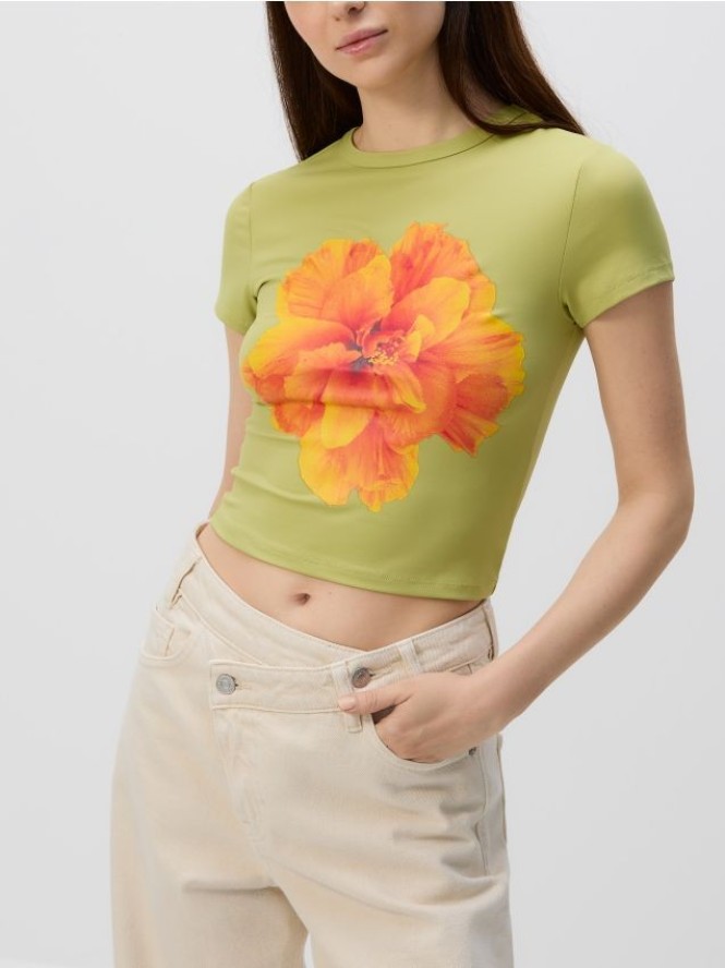 T-shirt z kwiatowym nadrukiem - oliwkowy