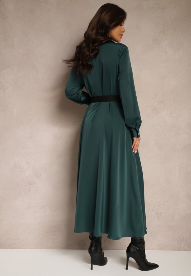 Zielona Satynowa Sukienka w Stylu Szmizjerki z Imitacjami Kieszeni i Paskiem Vaminay