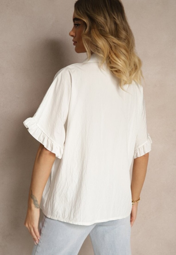 Biała Koszula z Wiskozą Ozdobiona Falbankami Oleldi