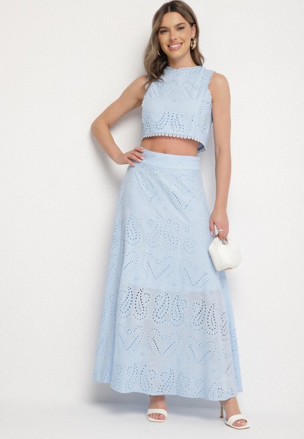 Niebieski Komplet z Ażurowej Tkaniny Zdobionej Haftem Top i Spódnica Saleria