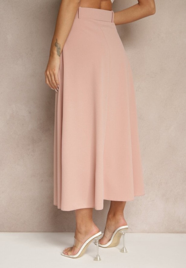 Różowa Rozkloszowana Spódnica Maxi z Paskiem i Klamrą Adlirca