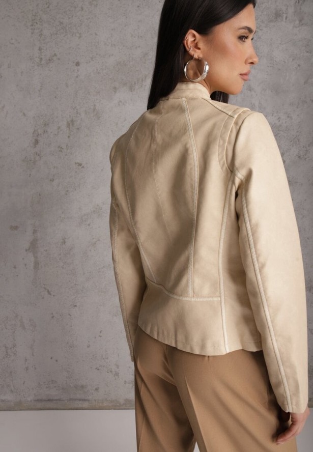 Beżowa Kurtka Ramoneska o Taliowanym Kroju z Ozdobnymi Lamówkami Esanora