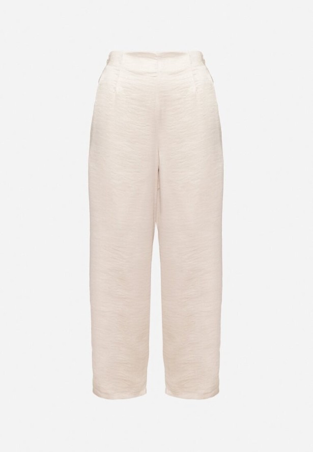 Jasnobeżowe Satynowe Spodnie w Eleganckim Stylu z Szeroką Nogawką Liovene