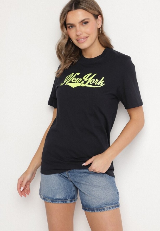 Granatowa Koszulka z Bawełny Ozdobiona Nadrukiem Evalenne