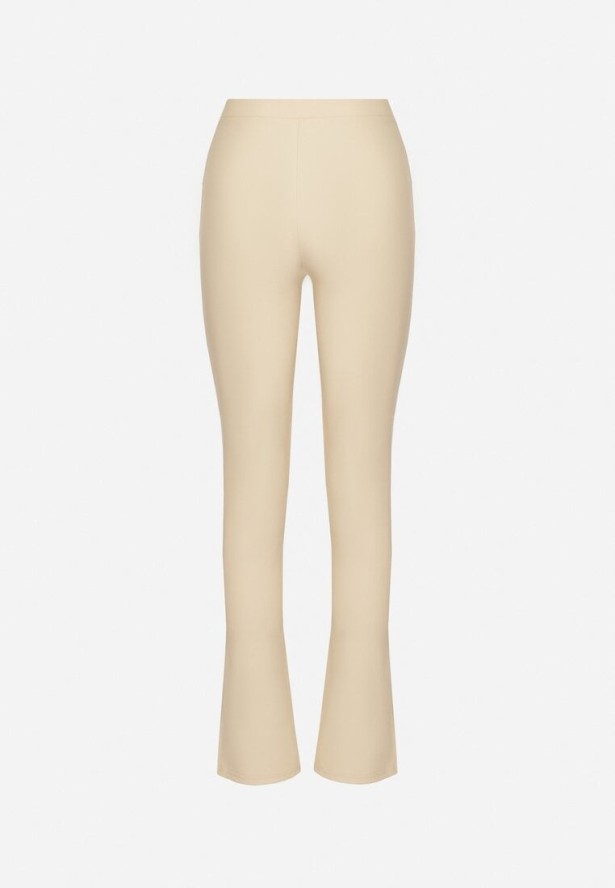 Beżowe Spodnie z Ekoskóry w Stylu Dzwonów z Wysokim Stanem Ellirra