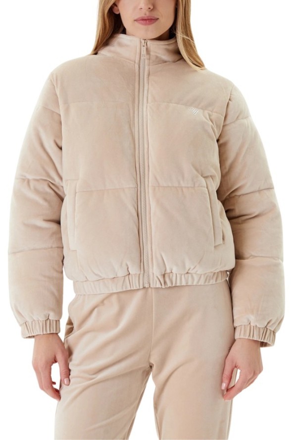 GUESS Beżowa zamszowa damska kurtka Couture Puffer, Rozmiar L