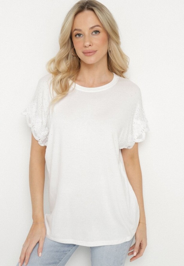 Biała Bawełniana Bluzka Nietoperz z Koronkowymi Rękawami z Cyrkoniami Adivain