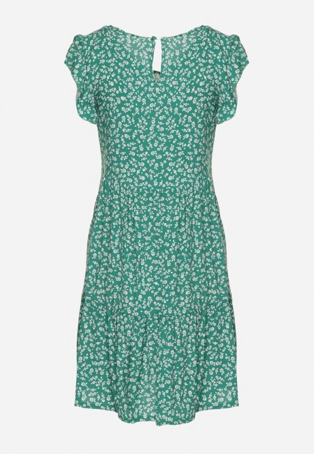 Zielona Bawełniana Sukienka o Rozkloszowanym Kroju z Falbanką Anettes