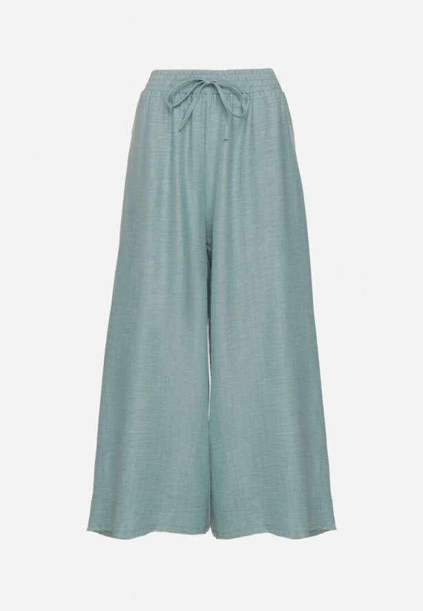 Miętowe Spodnie o Szerokim Kroju z Wysokim Stanem i Wiązaniem Telarieta