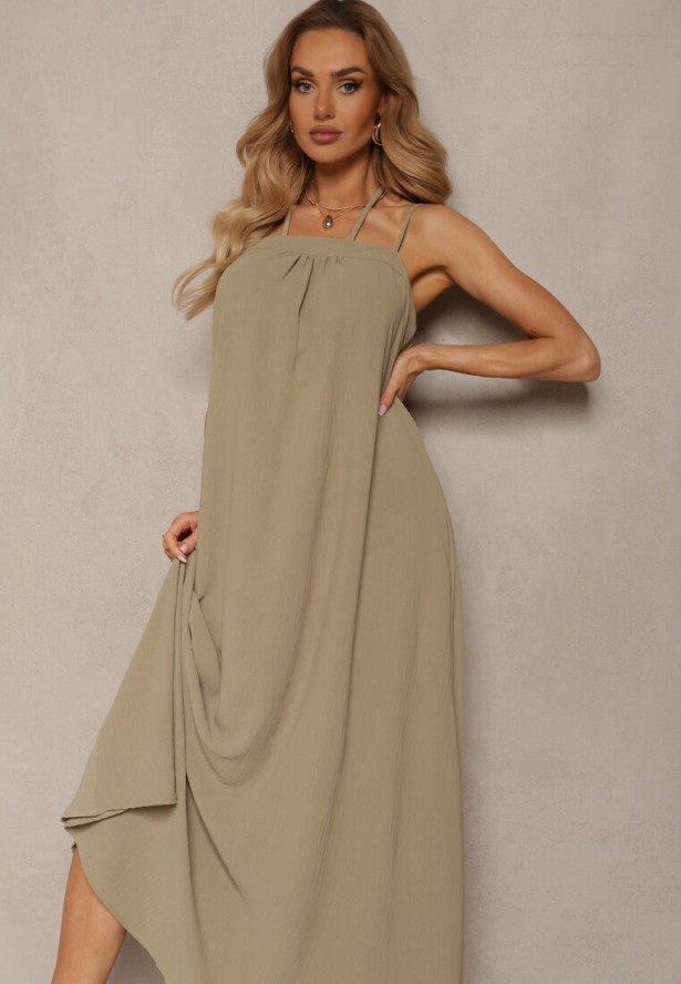 Zielona Sukienka z Regulowanymi Ramiączkami i Wiązaniem przy Szyi Qloenma