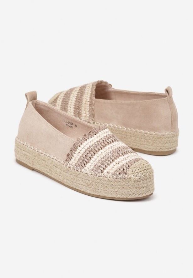 Ciemnobeżowe Espadryle na Platformie Ozdobione Plecionką w Stylu Boho Lelisse