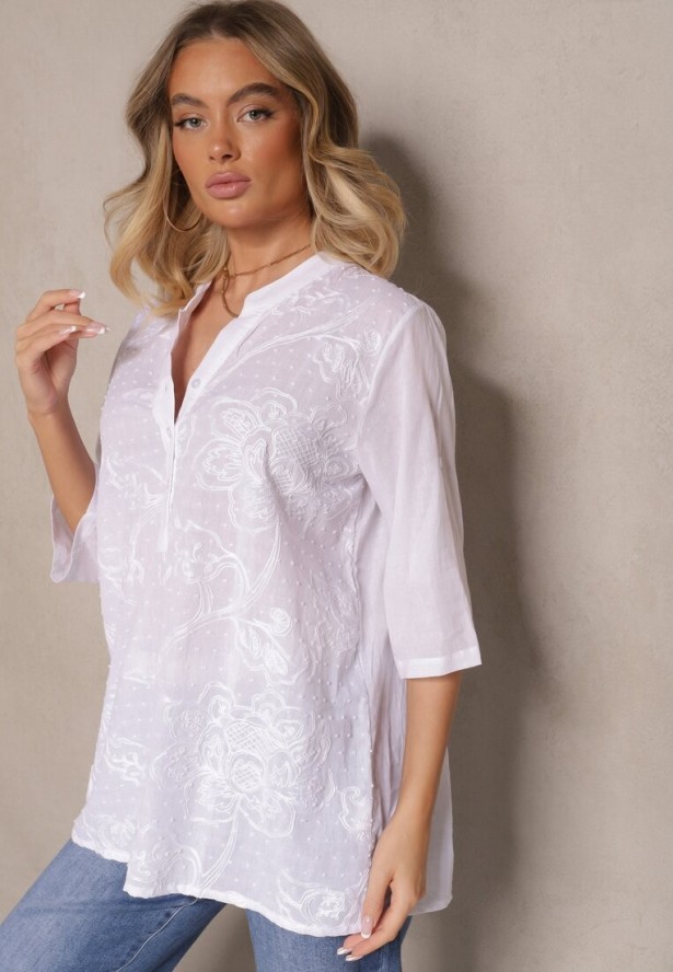 Biała Bawełniana Koszula Ozdobiona Haftem i Regulowanymi Rękawami Aranovia