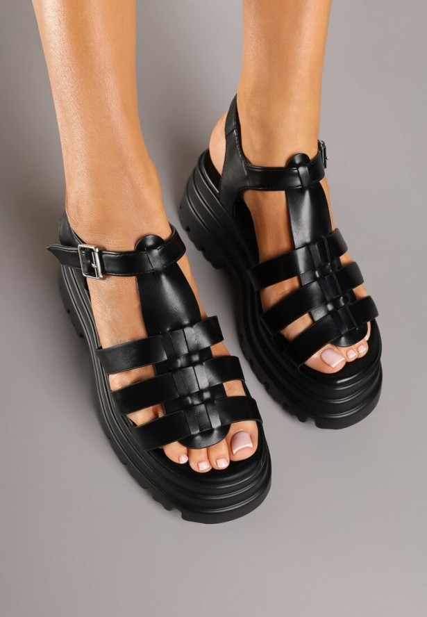 Czarne Sandały w Stylu Gladiatorek na Platformie Caliona