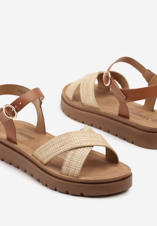 Beżowe Sandały na Grubej Podeszwie z Przeplatanymi Paskami Rosannia