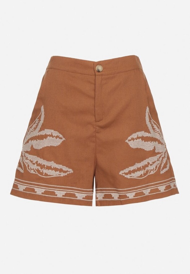 Brązowe Bawełniane Szorty z Wysokim Stanem Zdobione Haftem Filarassa