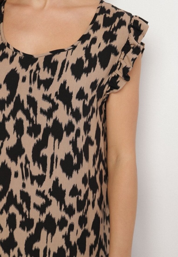 Ciemnobeżowa Sukienka z Bawełny o Rozkloszowanym Kroju z Falbankami Zamiast Rękawów Jenalinea