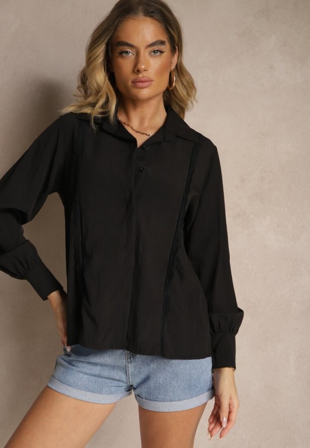 Czarna Koszula z Wiskozą Ozdobiona Koronką Tenamara